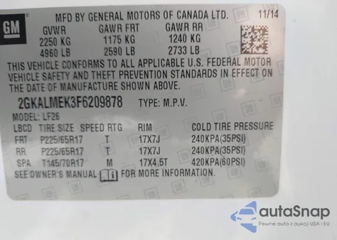 2015 GMC Terrain Sle-1 z USA, uszkodzony, nr VIN 2GKALMEK3F6209878